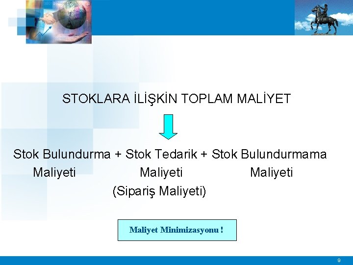 STOKLARA İLİŞKİN TOPLAM MALİYET Stok Bulundurma + Stok Tedarik + Stok Bulundurmama Maliyeti (Sipariş