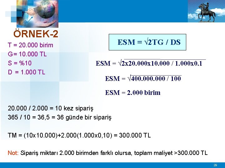 ÖRNEK-2 T = 20. 000 birim G = 10. 000 TL S = %10