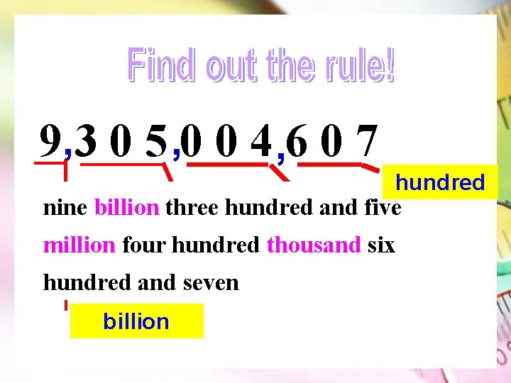 9, 3 0 5 , 0 0 4 , 6 0 7 hundred nine