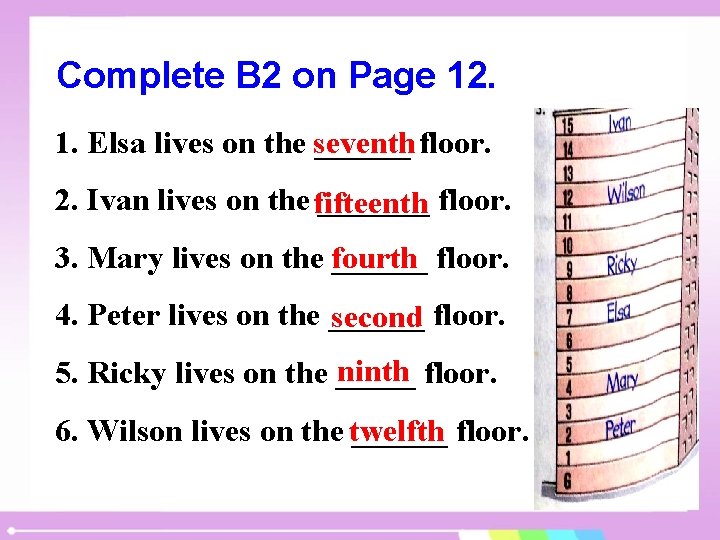 Complete B 2 on Page 12. 1. Elsa lives on the seventh ______ floor.