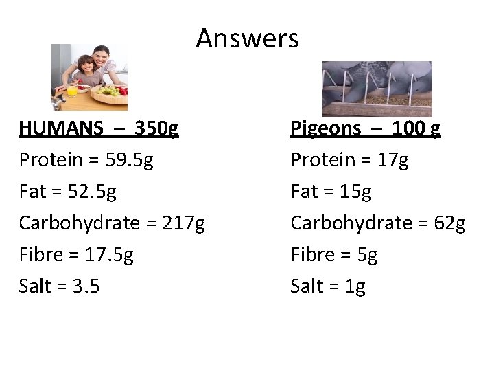 Answers HUMANS – 350 g Protein = 59. 5 g Fat = 52. 5