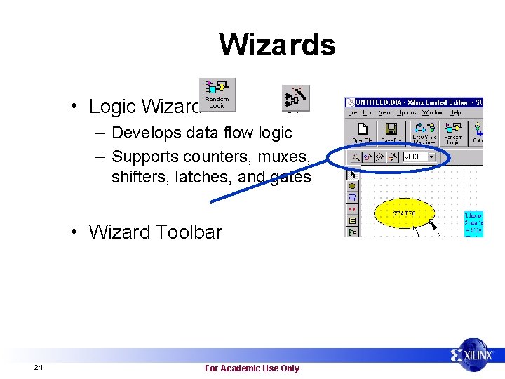 Wizards • Logic Wizard or – Develops data flow logic – Supports counters, muxes,