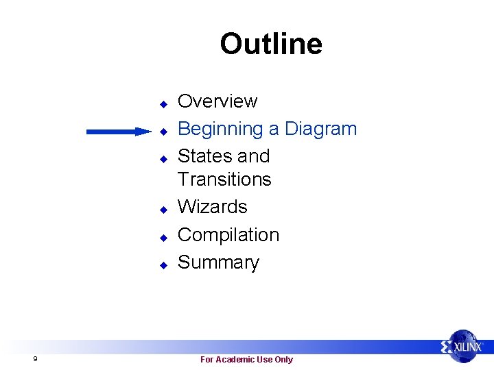 Outline u u u 9 Overview Beginning a Diagram States and Transitions Wizards Compilation