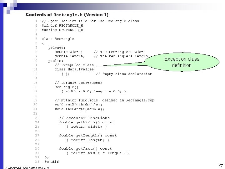 Exception class definition 17 