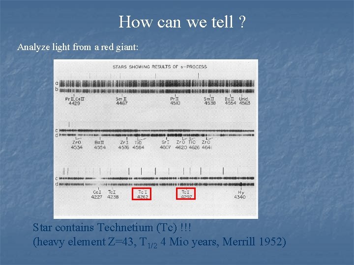 How can we tell ? Analyze light from a red giant: Star contains Technetium