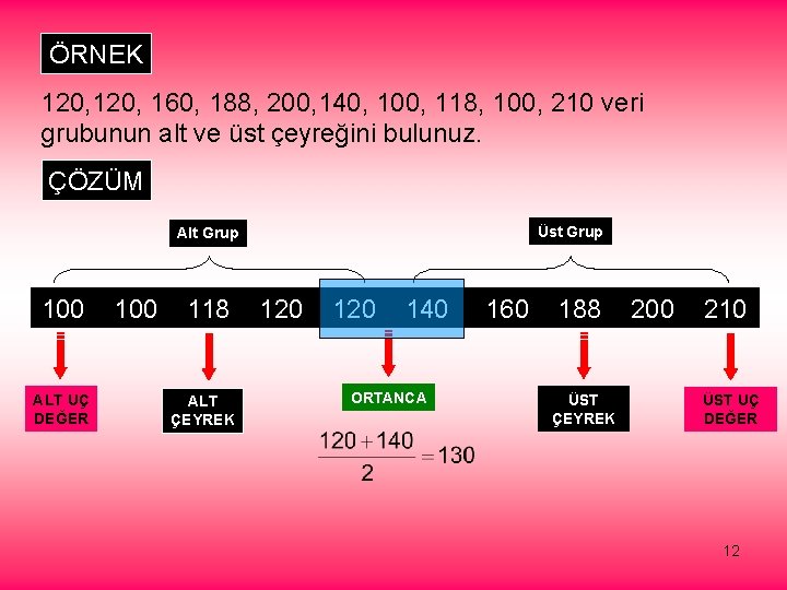 ÖRNEK 120, 160, 188, 200, 140, 100, 118, 100, 210 veri grubunun alt ve