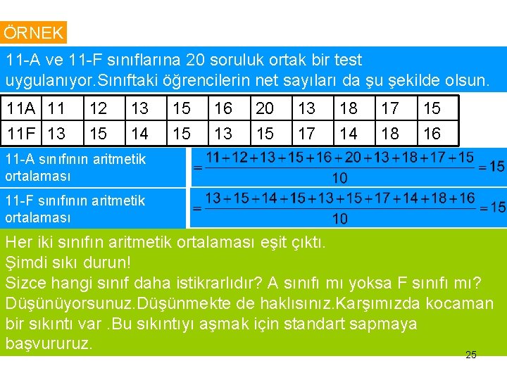 ÖRNEK 11 -A ve 11 -F sınıflarına 20 soruluk ortak bir test uygulanıyor. Sınıftaki