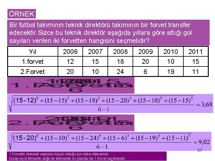 ÖRNEK Bir futbol takımının teknik direktörü takımının bir forvet transfer edecektir. Sizce bu teknik