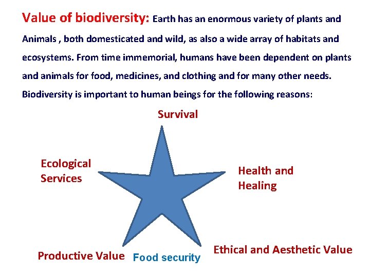 Value of biodiversity: Earth has an enormous variety of plants and Animals , both