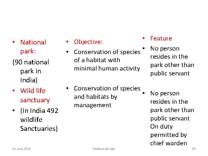  • Feature • Objective: • National park: • Conservation of species • No