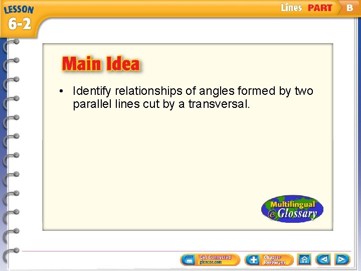 • Identify relationships of angles formed by two parallel lines cut by a
