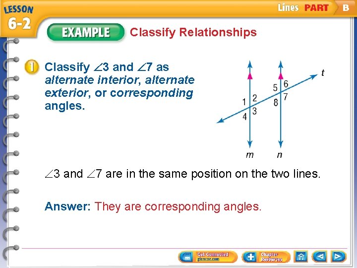 Classify Relationships Classify 3 and 7 as alternate interior, alternate exterior, or corresponding angles.