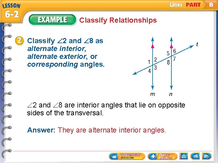 Classify Relationships Classify 2 and 8 as alternate interior, alternate exterior, or corresponding angles.