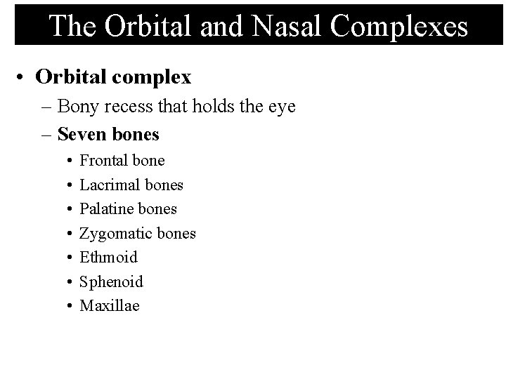 The Orbital and Nasal Complexes • Orbital complex – Bony recess that holds the