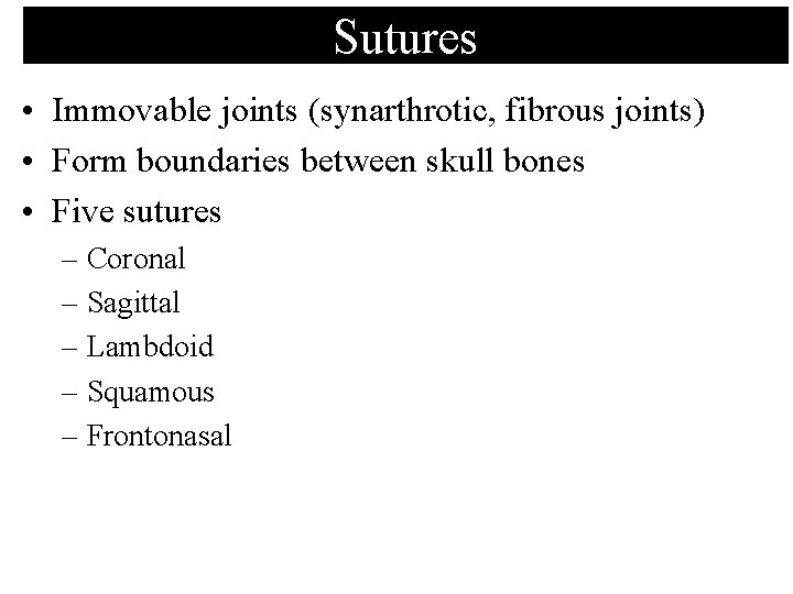 Sutures • Immovable joints (synarthrotic, fibrous joints) • Form boundaries between skull bones •