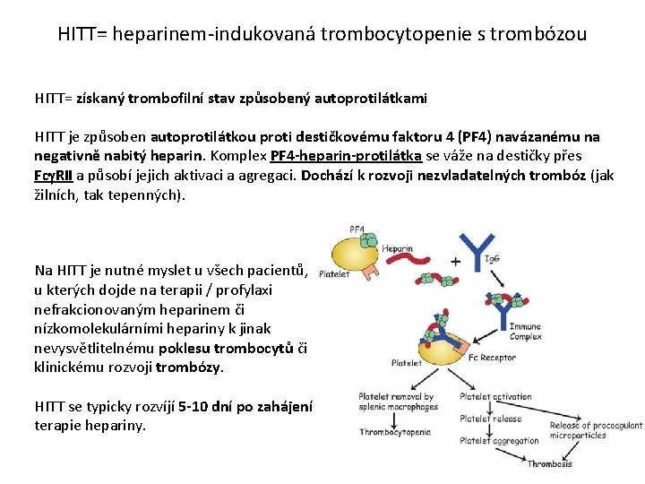 HITT= heparinem-indukovaná trombocytopenie s trombózou HITT= získaný trombofilní stav způsobený autoprotilátkami HITT je způsoben
