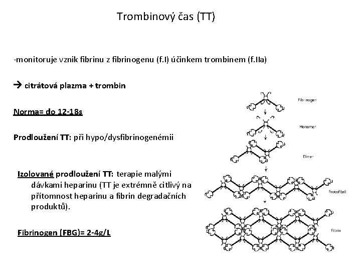 Trombinový čas (TT) -monitoruje vznik fibrinu z fibrinogenu (f. I) účinkem trombinem (f. IIa)