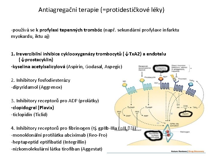 Antiagregační terapie (=protidestičkové léky) -používá se k profylaxi tepenných trombóz (např. sekundární profylaxe infarktu