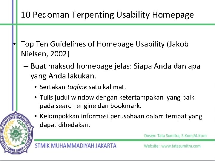 10 Pedoman Terpenting Usability Homepage • Top Ten Guidelines of Homepage Usability (Jakob Nielsen,