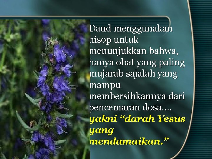 Daud menggunakan hisop untuk menunjukkan bahwa, hanya obat yang paling mujarab sajalah yang mampu Daud menggunakan hisop untuk menunjukkan bahwa, hanya obat yang paling mujarab sajalah yang mampu