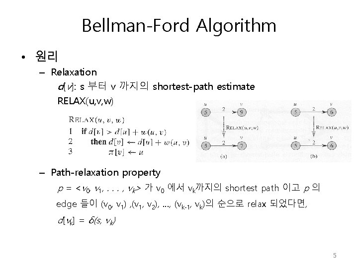 Bellman-Ford Algorithm • 원리 – Relaxation d[v]: s 부터 v 까지의 shortest-path estimate RELAX(u,