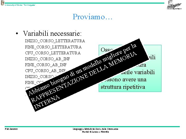 University of Rome “Tor Vergata” Proviamo… • Variabili necessarie: INIZIO_CORSO_LETTERATURA FINE_CORSO_LETTERATURA la r e