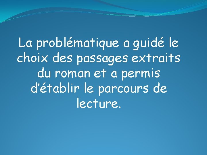 La problématique a guidé le choix des passages extraits du roman et a permis