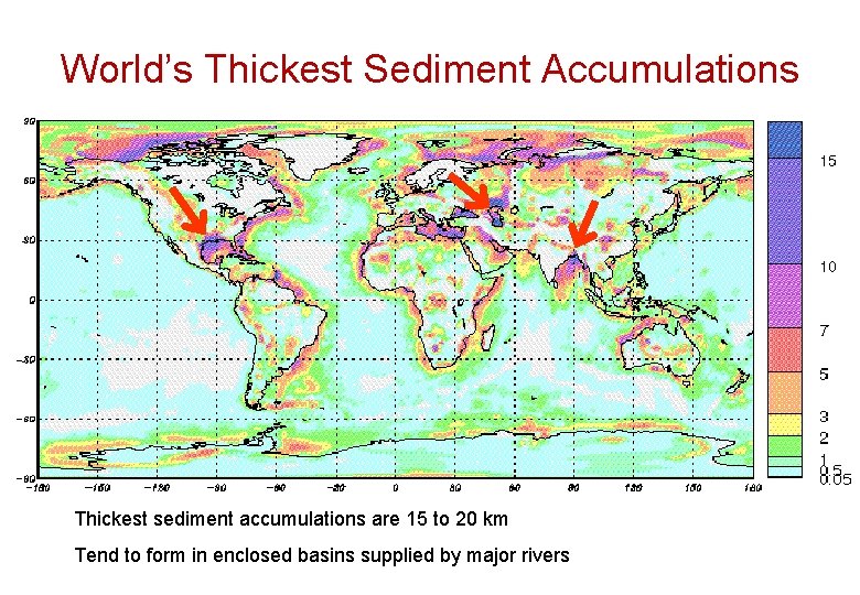 World’s Thickest Sediment Accumulations Thickest sediment accumulations are 15 to 20 km Tend to
