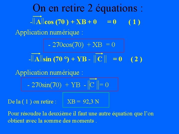 On en retire 2 équations : - A cos (70 ) + XB +