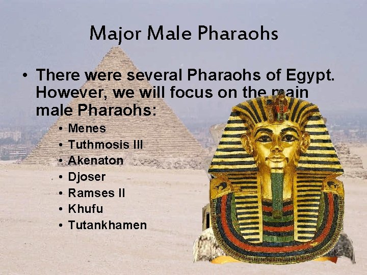 Major Male Pharaohs • There were several Pharaohs of Egypt. However, we will focus