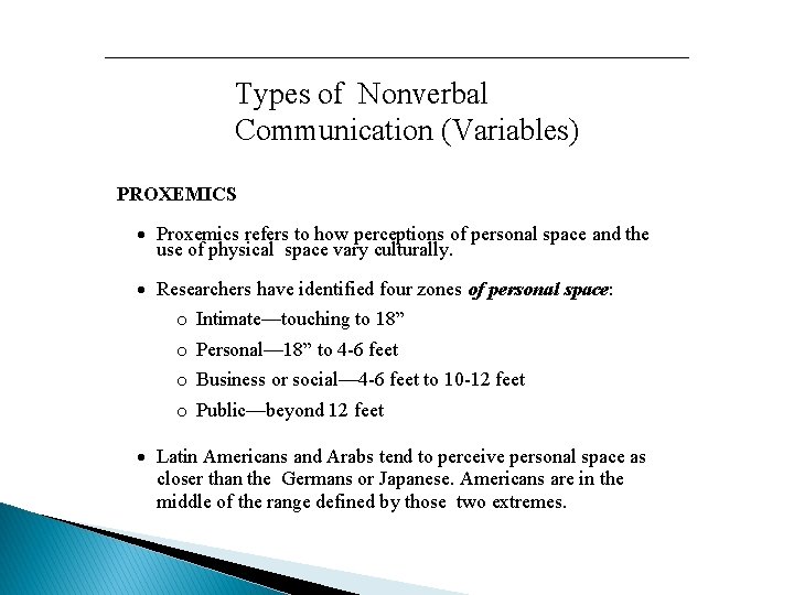 Types of Nonverbal Communication (Variables) PROXEMICS Proxemics refers to how perceptions of personal space