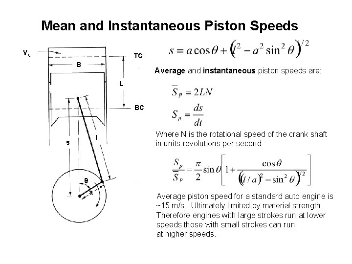 Mean and Instantaneous Piston Speeds VC TC B Average and instantaneous piston speeds are: