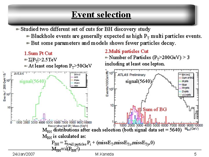Event selection Studied two different set of cuts for BH discovery study Blackhole events