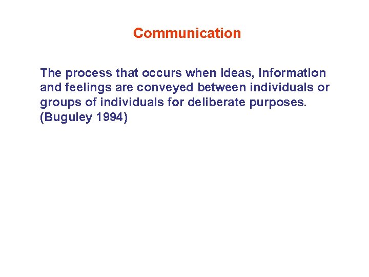 Communication The process that occurs when ideas, information and feelings are conveyed between individuals