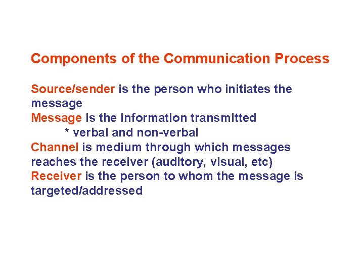Components of the Communication Process Source/sender is the person who initiates the message Message