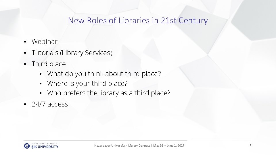 New Roles of Libraries in 21 st Century • Webinar • Tutorials (Library Services)