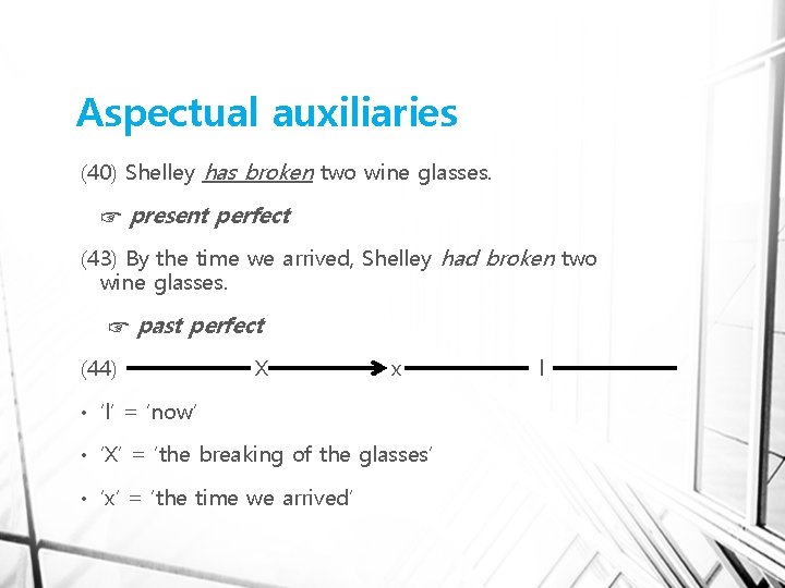 Aspectual auxiliaries (40) Shelley has broken two wine glasses. ☞ present perfect (43) By