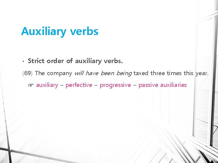 Auxiliary verbs • Strict order of auxiliary verbs. (69) The company will have been