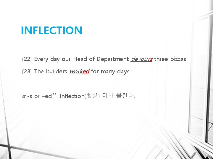 INFLECTION (22) Every day our Head of Department devours three pizzas (23) The builders