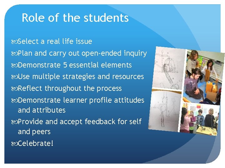 Role of the students Select a real life issue Plan and carry out open-ended