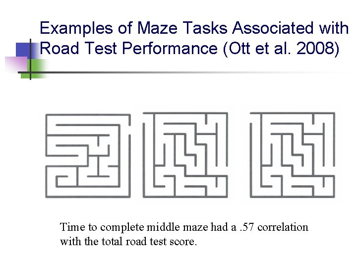 Examples of Maze Tasks Associated with Road Test Performance (Ott et al. 2008) Time