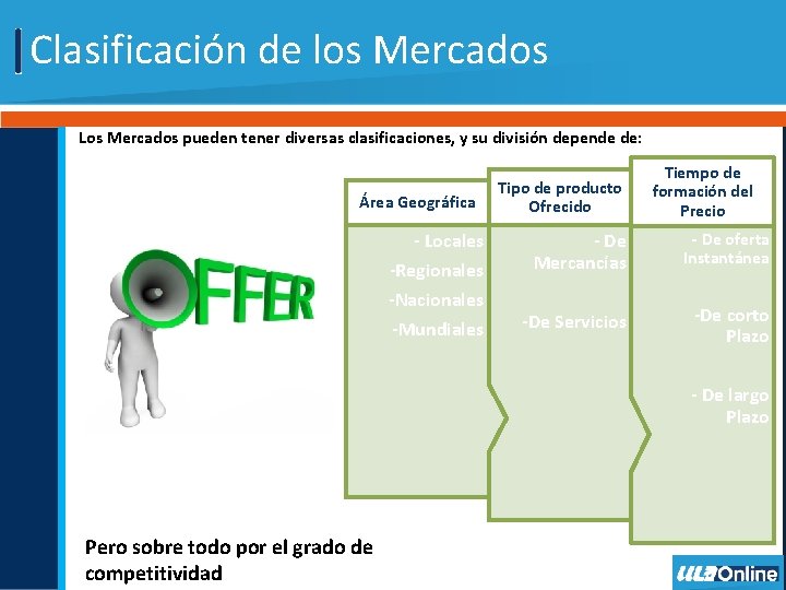 Clasificación de los Mercados Los Mercados pueden tener diversas clasificaciones, y su división depende