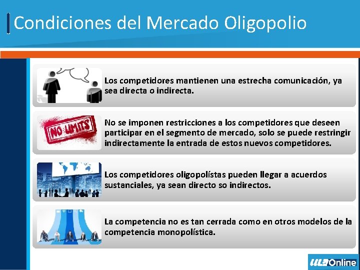 Condiciones del Mercado Oligopolio Los competidores mantienen una estrecha comunicación, ya sea directa o
