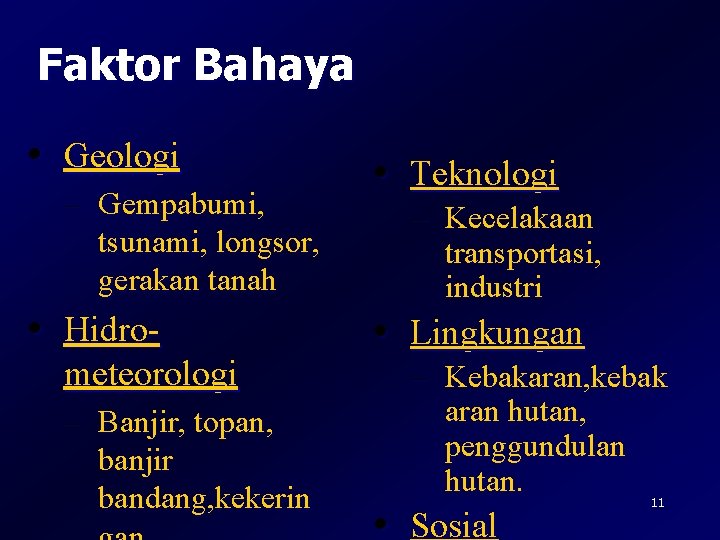 Faktor Bahaya • Geologi – Gempabumi, tsunami, longsor, gerakan tanah • Hidro- meteorologi – Faktor Bahaya • Geologi – Gempabumi, tsunami, longsor, gerakan tanah • Hidro- meteorologi –
