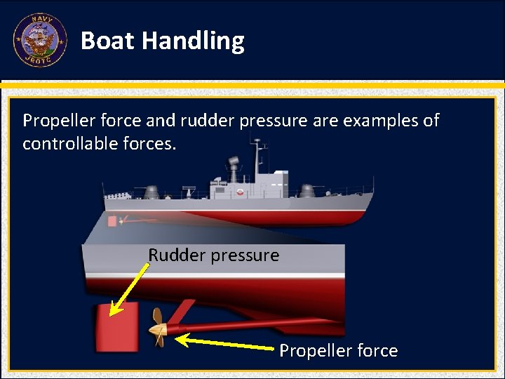 Boat Handling Propeller force and rudder pressure are examples of controllable forces. Rudder pressure