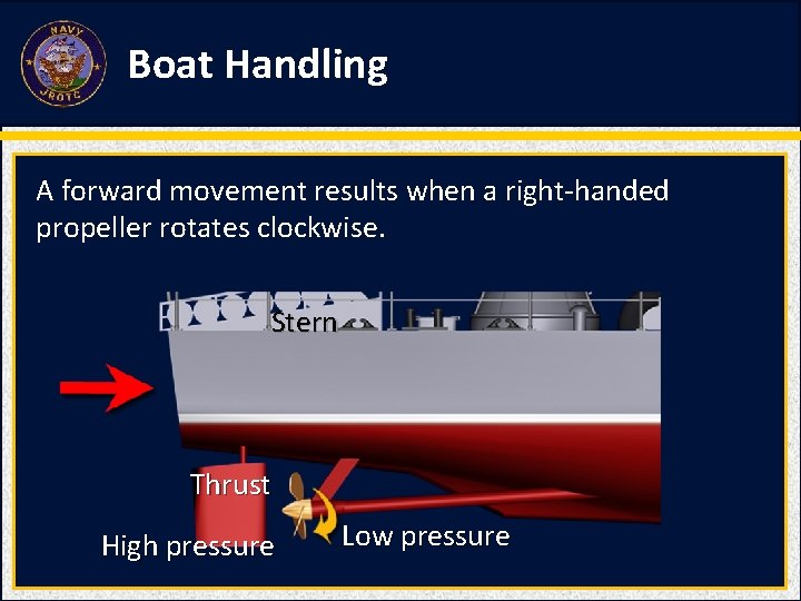 Boat Handling A forward movement results when a right-handed propeller rotates clockwise. Stern Thrust