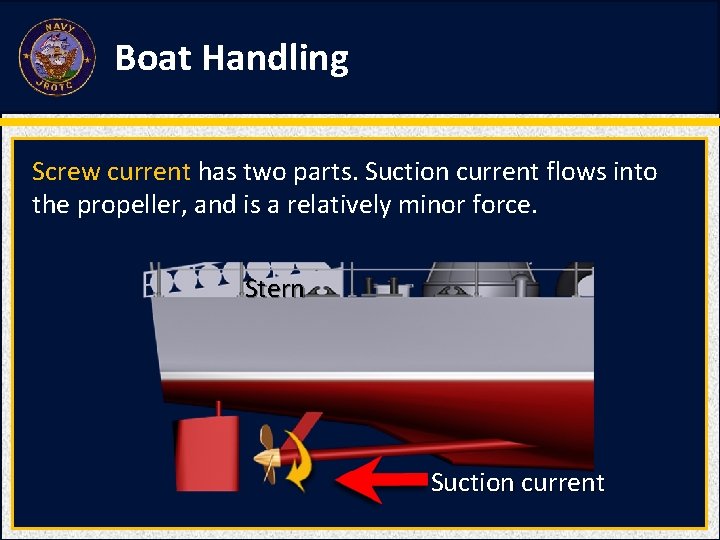 Boat Handling Screw current has two parts. Suction current flows into the propeller, and
