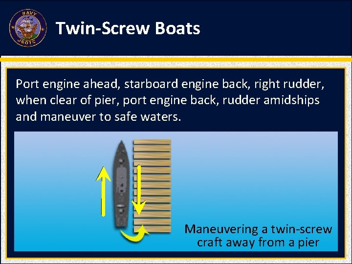 Twin-Screw Boats Port engine ahead, starboard engine back, right rudder, when clear of pier,