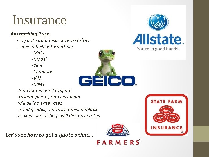Insurance Researching Price: -Log onto auto insurance websites -Have Vehicle Information: -Make -Model -Year