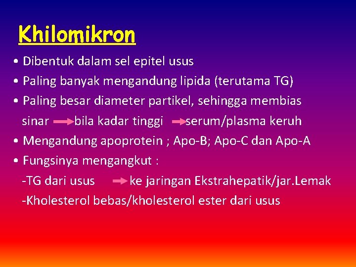 Khilomikron • Dibentuk dalam sel epitel usus • Paling banyak mengandung lipida (terutama TG)